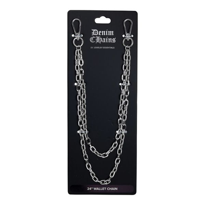 Silver chain wallet chain on a 'Denim Chains' branded card against a white background