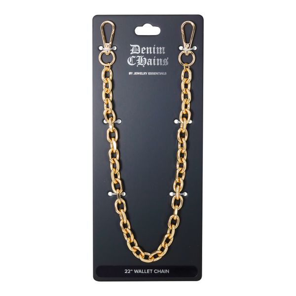 Gold chain wallet strap on a black card with 'Denim Chains' branding.