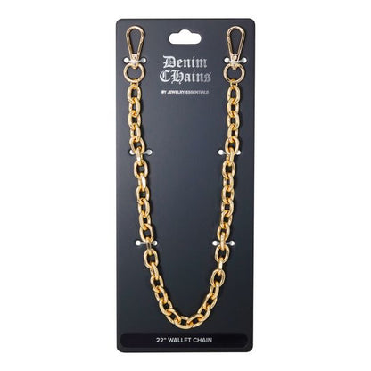 Gold chain wallet strap on a black card with 'Denim Chains' branding.