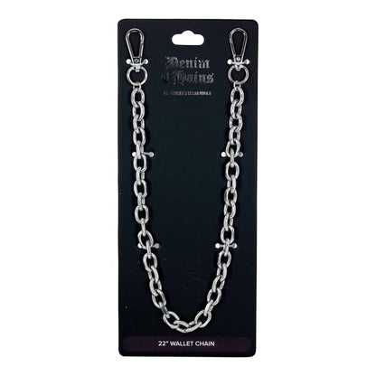 Silver chain wallet strap on a black card with 'Denim & Hales' branding.