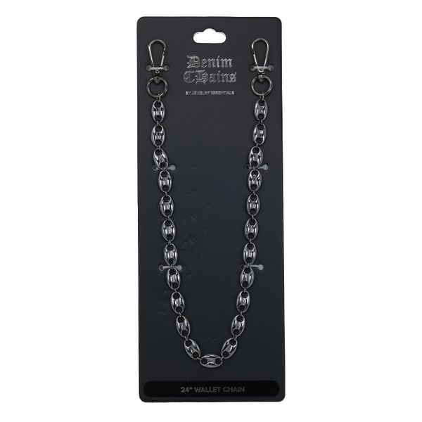 Metal wallet chain on a black card with 'Denim & Rags' branding.