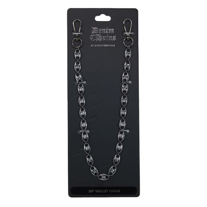 Metal wallet chain on a black card with 'Denim & Rags' branding.