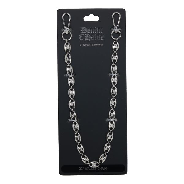 Silver chain wallet strap on a black Denim & Chain branded card.