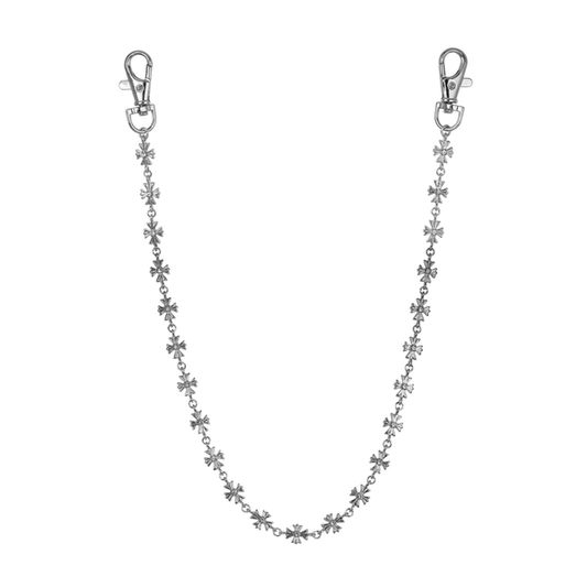 Silver chain with floral designs on a white background