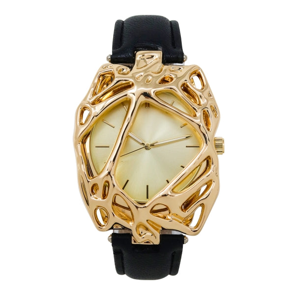 Gold watch with black strap on a white background