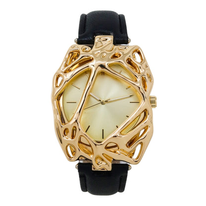 Gold watch with black strap on a white background