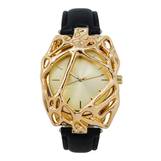 Gold watch with black strap on a white background