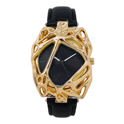 Gold watch with black face and strap on a white background