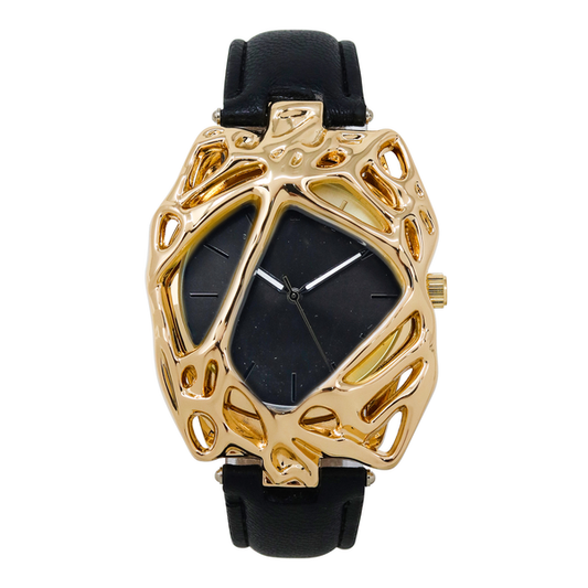 Gold watch with black face and strap on a white background