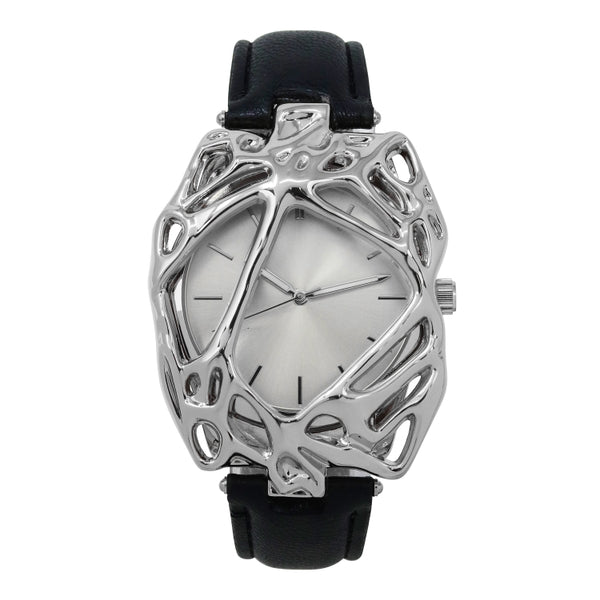 Silver geometric watch with black strap on a white background