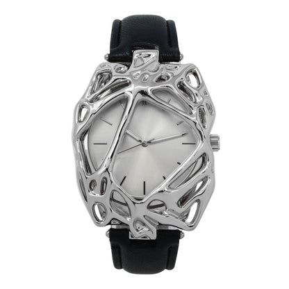 Silver geometric watch with black strap on a white background
