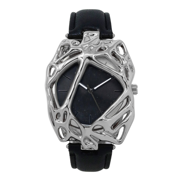 Black watch with a silver, intricate frame on a white background