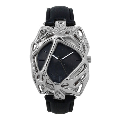 Black watch with a silver, intricate frame on a white background