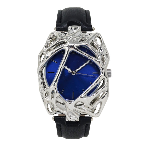 Futuristic watch with blue face and silver metal casing on a white background