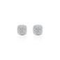 High-clarity 9mm square moissanite cluster earrings in sterling silver on white reflective surface.