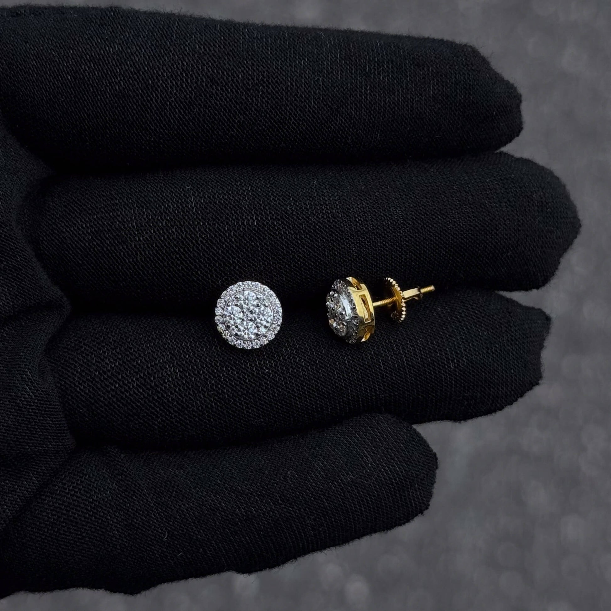Side and front view of 9mm sterling silver round moissanite cluster earrings with screw back.