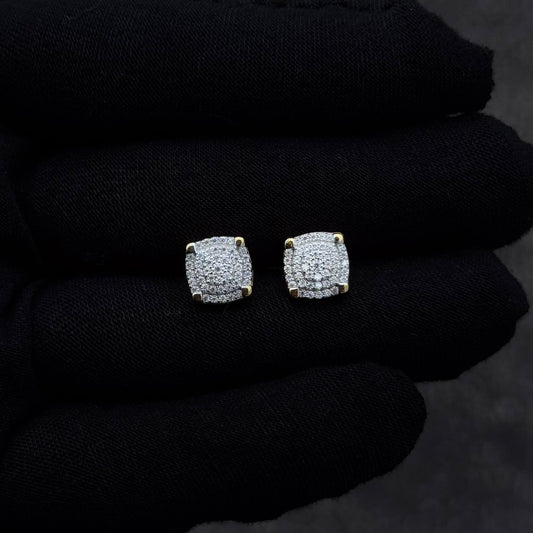 9mm moissanite cluster diamond stud earrings with gold accents displayed on a black glove.