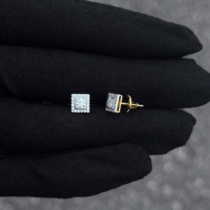 Side and front view of moissanite cluster earrings featuring gold screw-back posts for security.