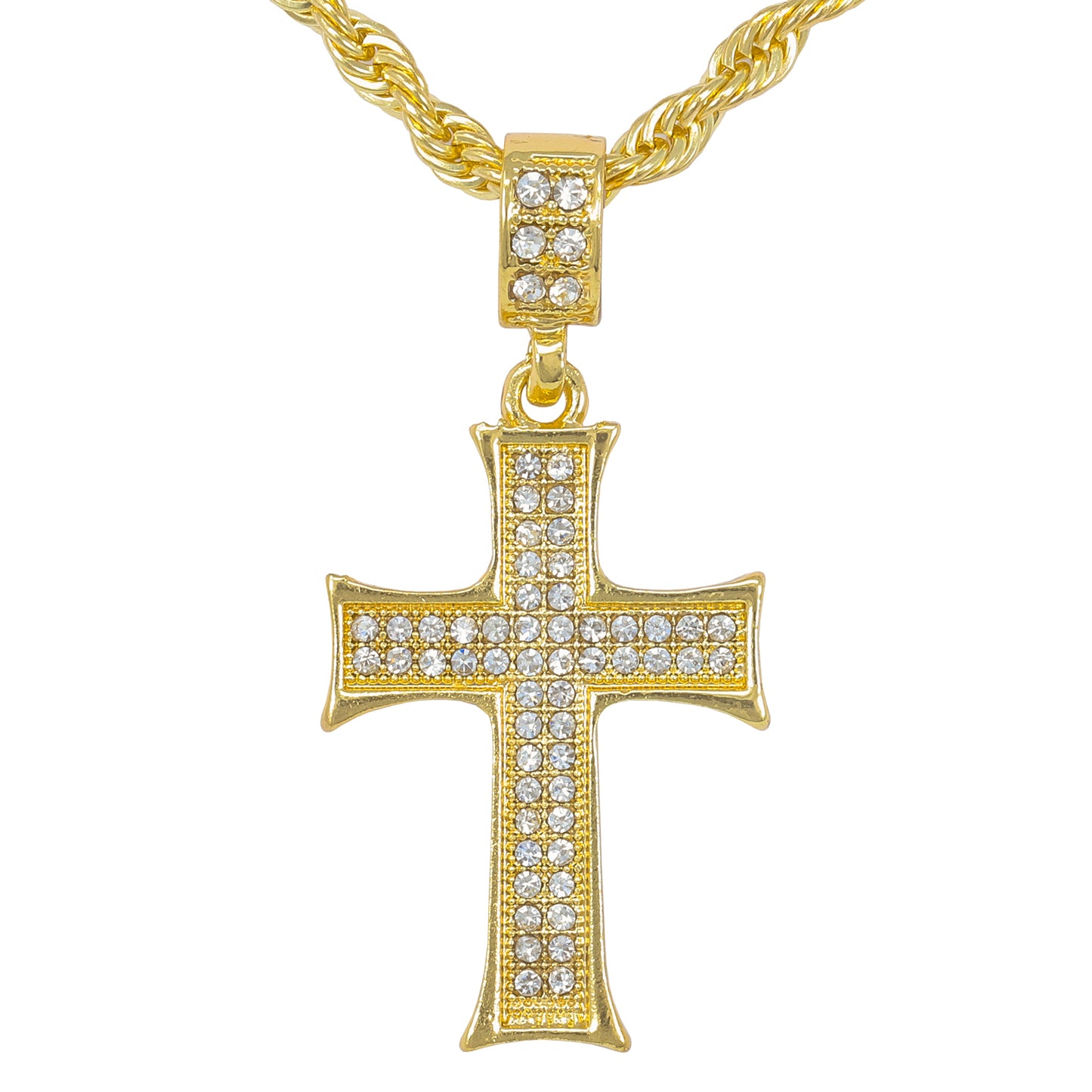 Iced Medium Cross Pendant with 4mm Rope Chain 24" - HC-1001