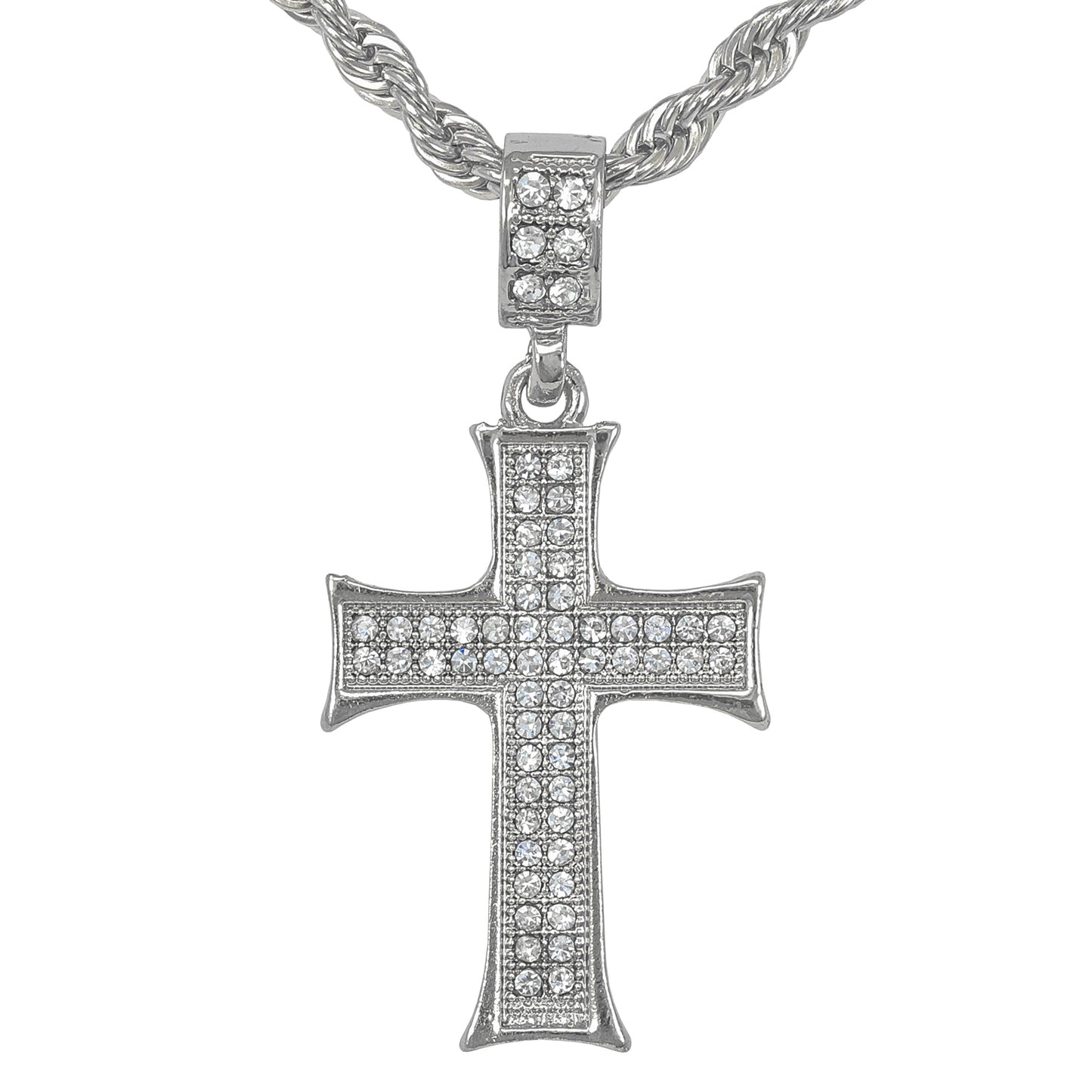 Iced Medium Cross Pendant with 4mm Rope Chain 24" - HC-1001