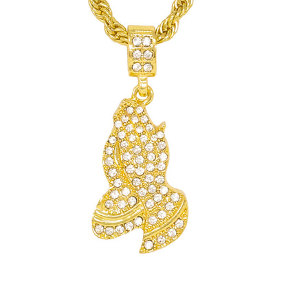 Iced Medium Praying Hands Pendant with 4mm Rope Chain 24" - HC-1012