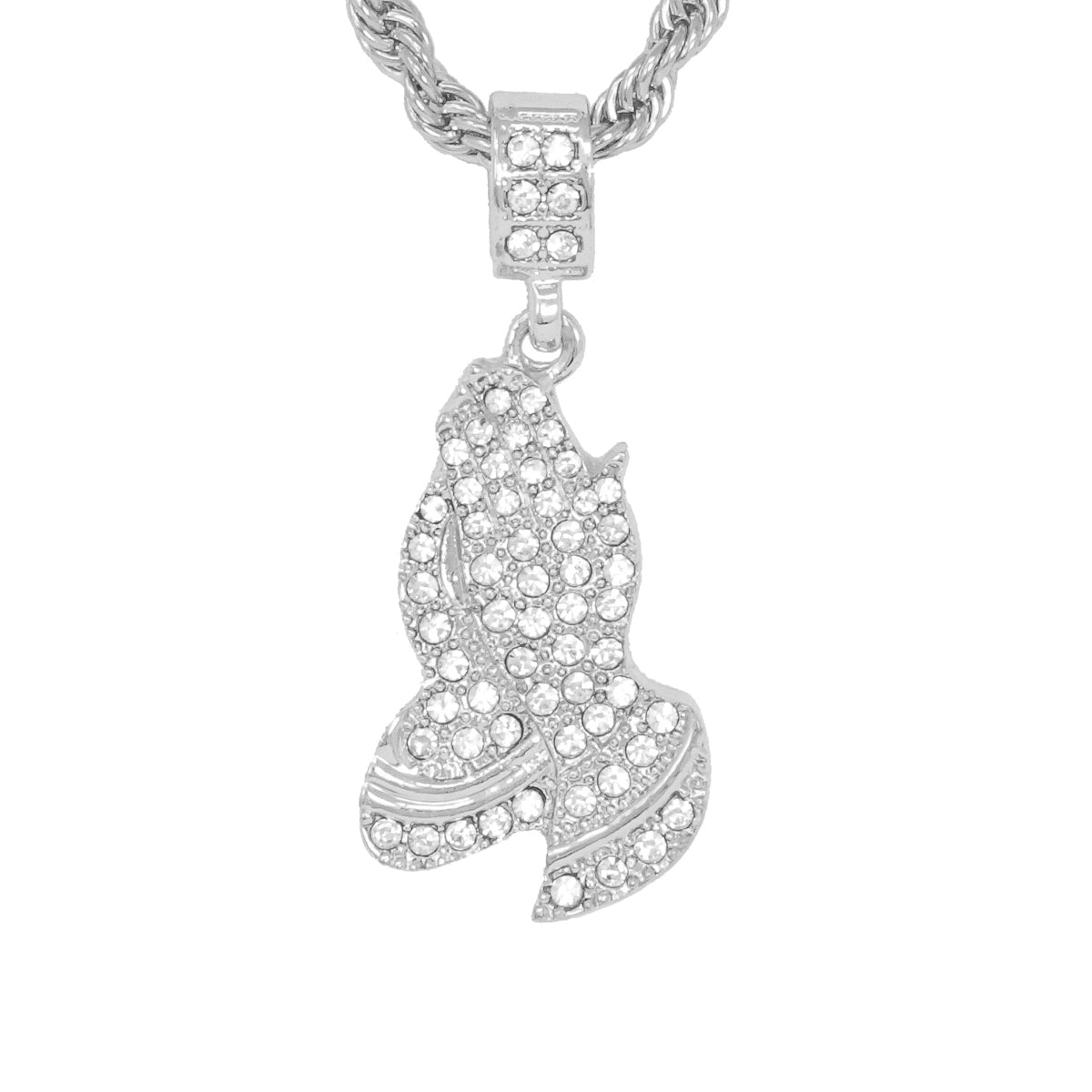 Iced Medium Praying Hands Pendant with 4mm Rope Chain 24" - HC-1012