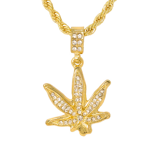 Iced Medium Leaf Pendant with 4mm Rope Chain 24" - HC-1014