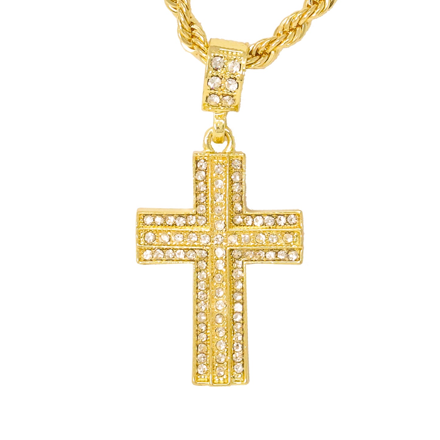 Iced Medium Cross Pendant with 4mm Rope Chain 24" - HC-1018