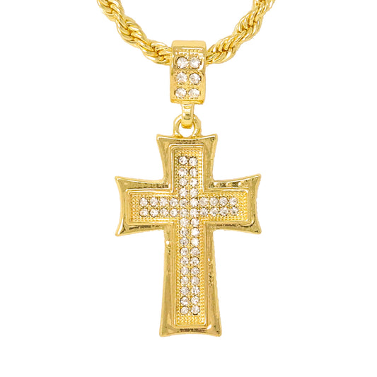 Iced Medium Cross Pendant with 4mm Rope Chain 24" - HC-1019*