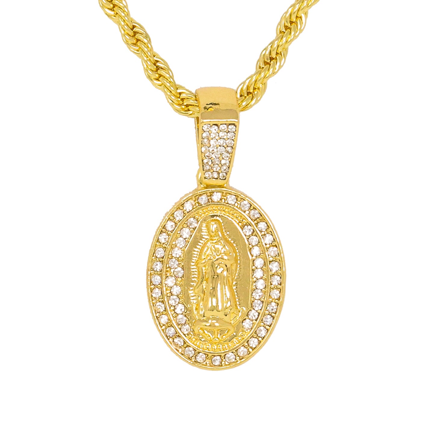 Iced Medium Guadalupe Pendant with 4mm Rope Chain 24" - HC-1027