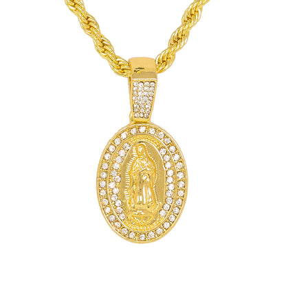 Iced Medium Guadalupe Pendant with 4mm Rope Chain 24" - HC-1027