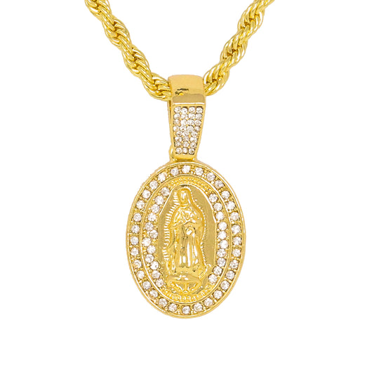 Iced Medium Guadalupe Pendant with 4mm Rope Chain 24" - HC-1027