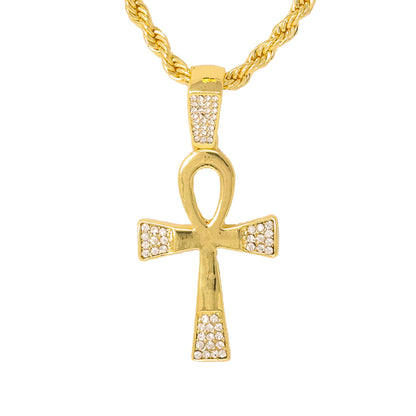 Iced Medium Ankh Cross Pendant with 4mm Rope Chain 24" - HC-1034*