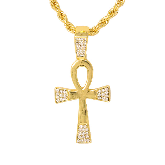 Iced Medium Ankh Cross Pendant with 4mm Rope Chain 24" - HC-1034*