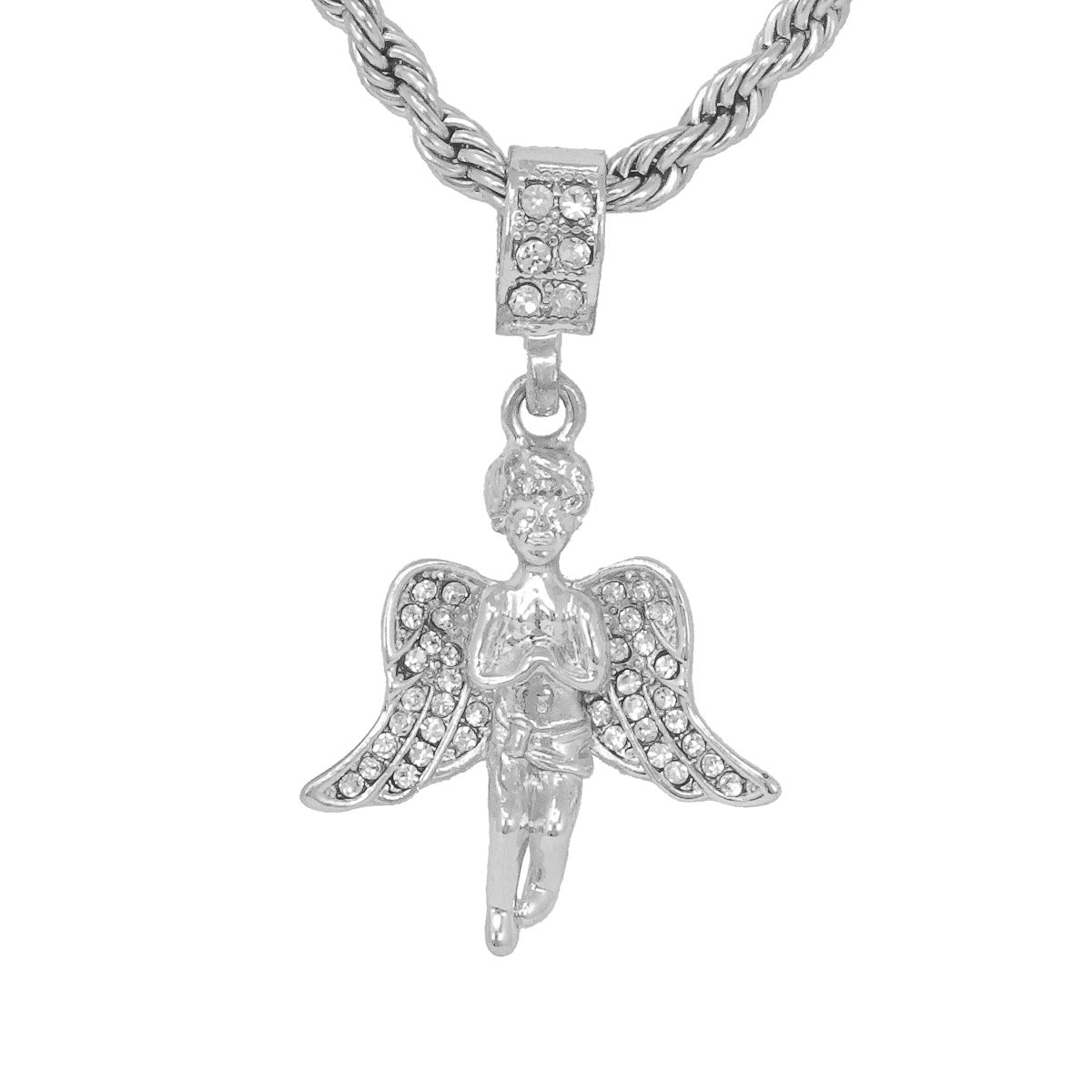 Iced Medium Angel Pendant with 4mm Rope Chain 24" - HC-1037*