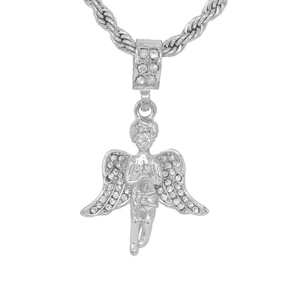 Iced Medium Angel Pendant with 4mm Rope Chain 24" - HC-1037*