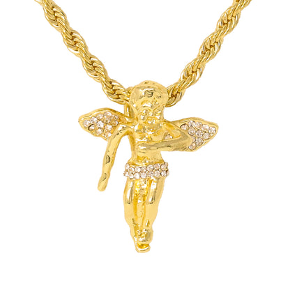 Iced Medium Angel Pendant with 4mm Rope Chain 24" - HC-1043*