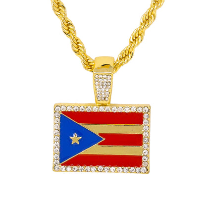 Iced Medium Puerto Rico Pendant with 4mm Rope Chain 24" - HC-1046
