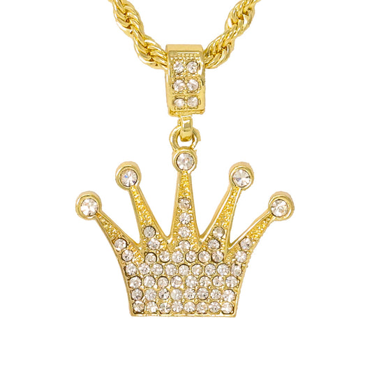 Iced Medium Crown Pendant with 4mm Rope Chain 24" - HC-1048