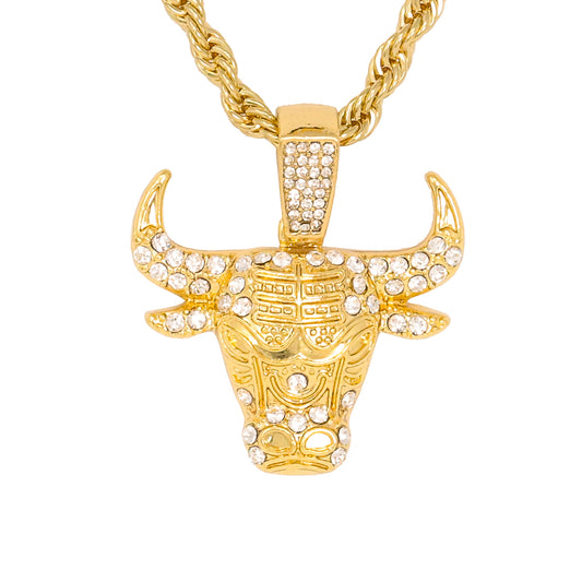 Iced Medium Bull Pendant with 4mm Rope Chain 24" - HC-1053