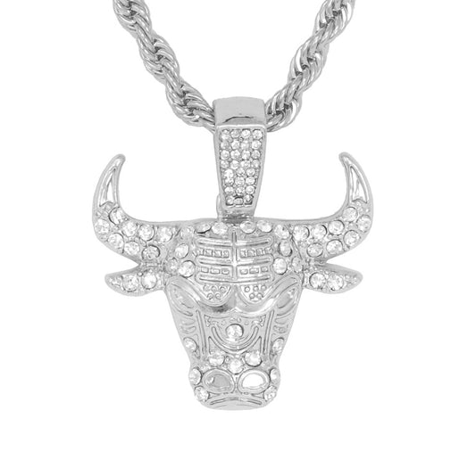 Iced Medium Bull Pendant with 4mm Rope Chain 24" - HC-1053