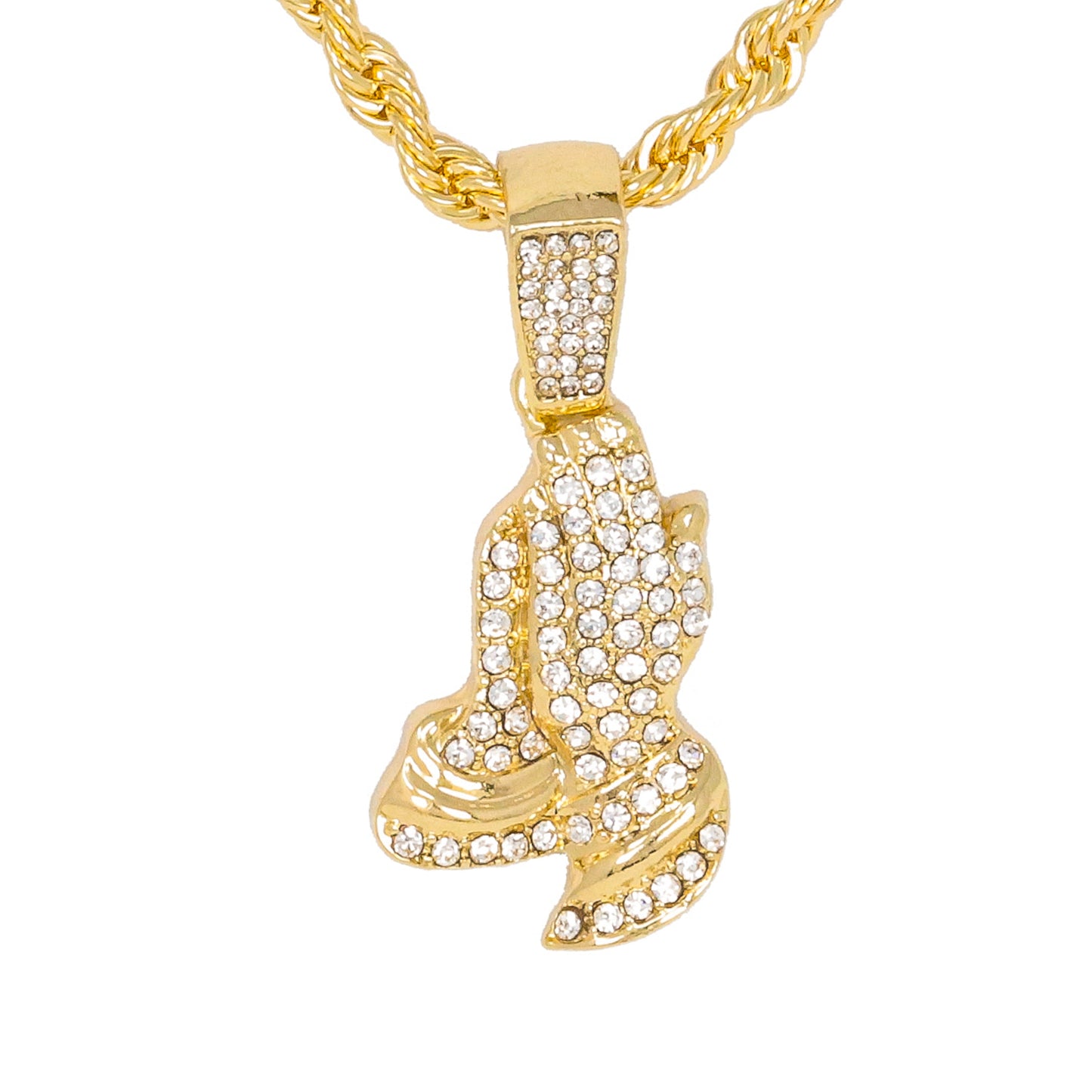 Iced Medium Praying Hands Pendant with 4mm Rope Chain 24" - HC-1054