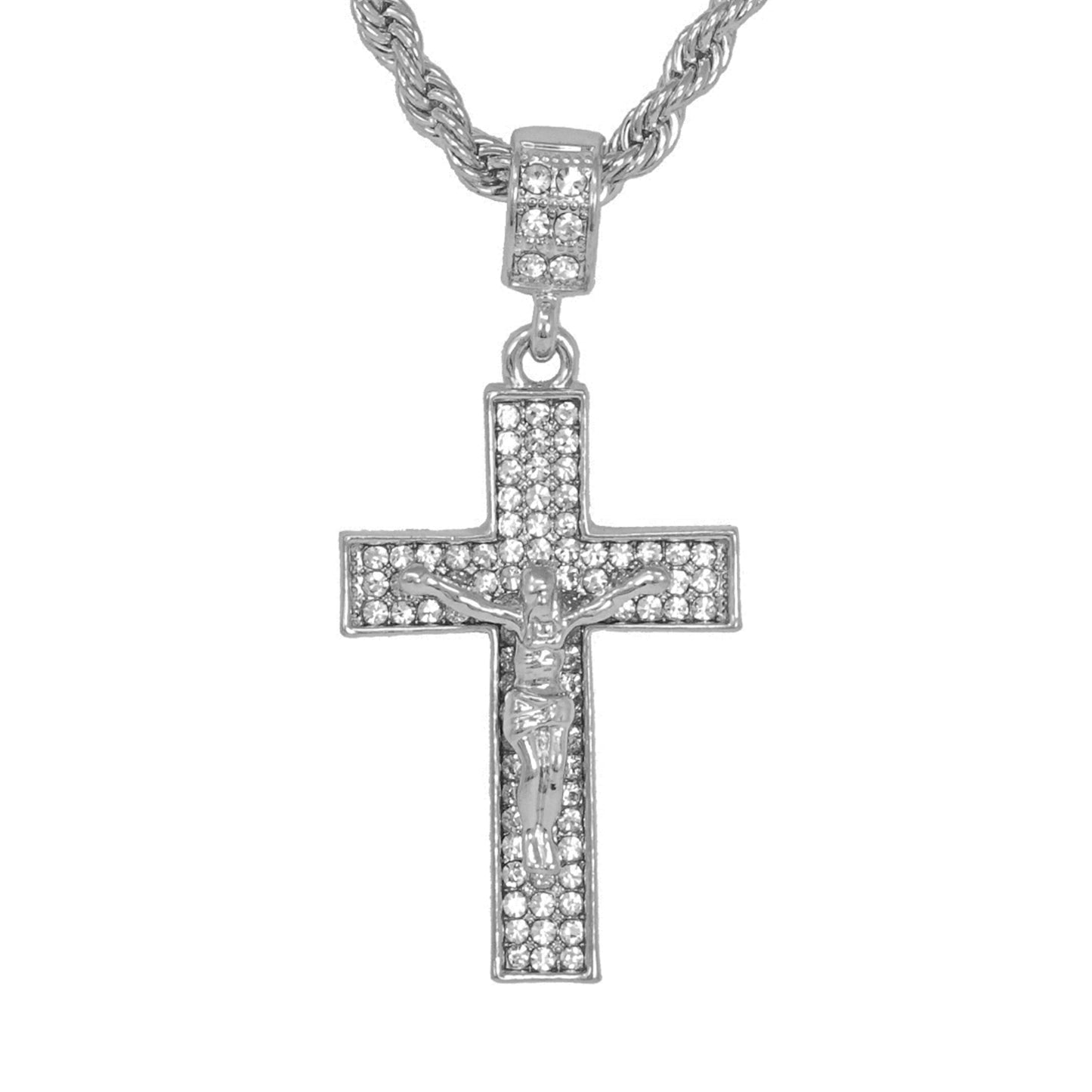 Iced Medium Crucifix Pendant with 4mm Rope Chain 24" - HC-1059