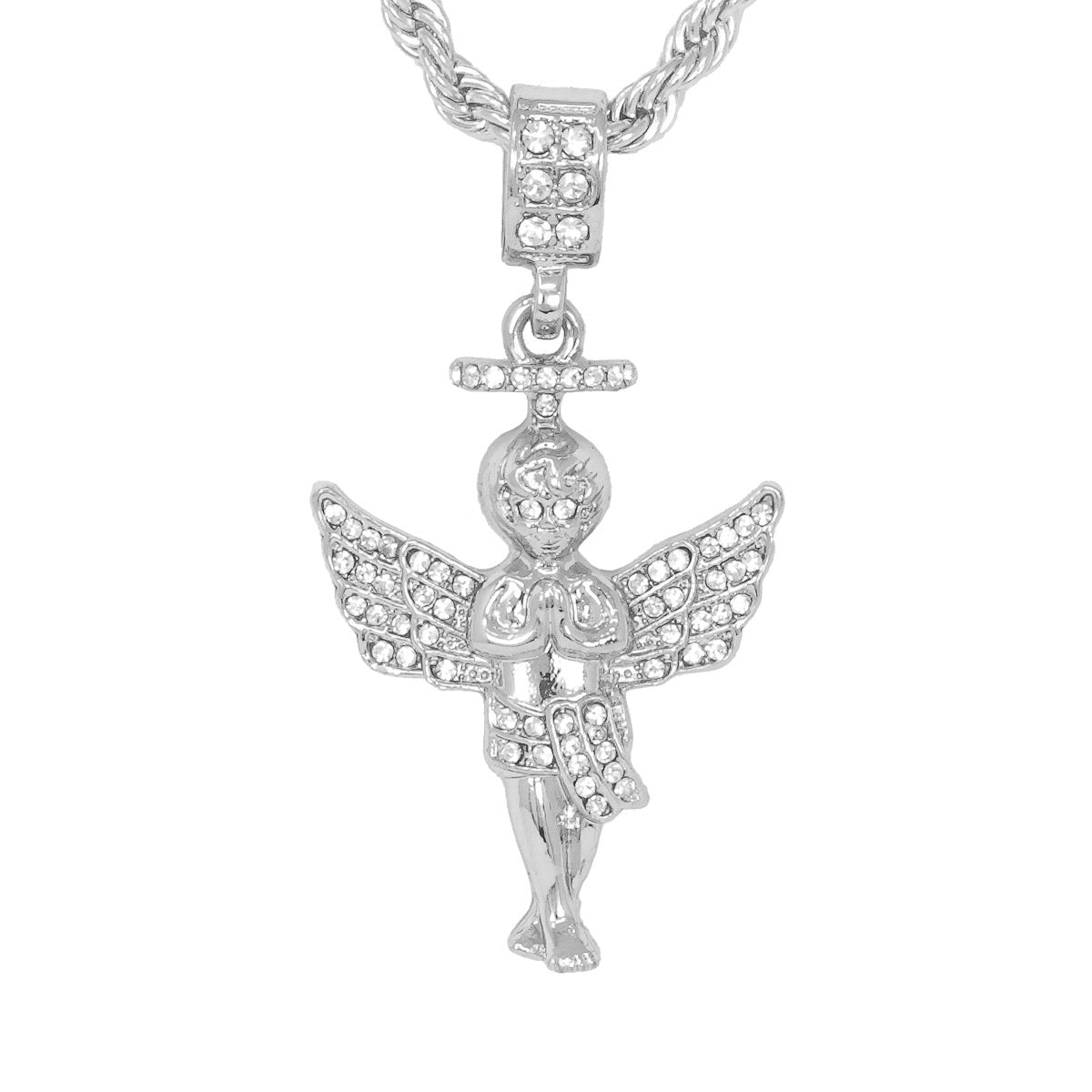 Iced Medium Angel Pendant with 4mm Rope Chain 24" - HC-1062*