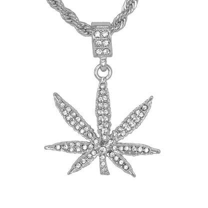 Iced Medium Leaf Pendant with 4mm Rope Chain 24" - HC-1063