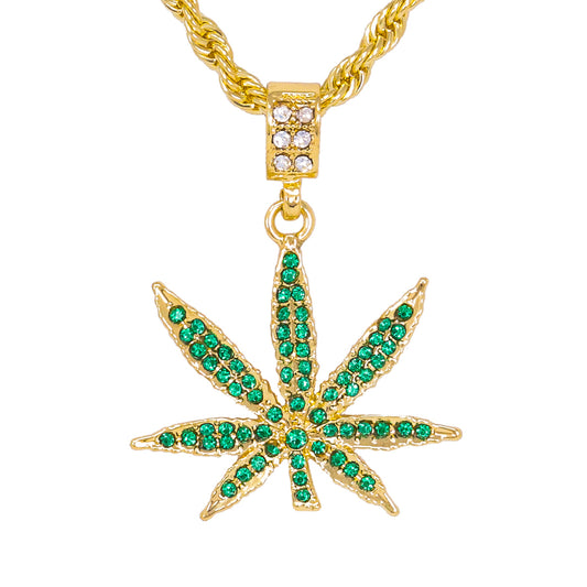 Iced Medium Leaf Pendant with 4mm Rope Chain 24" - HC-1064