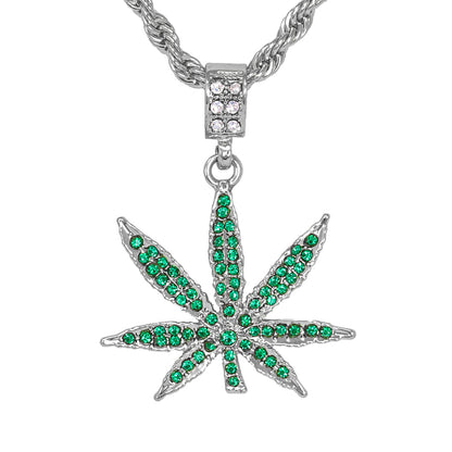 Iced Medium Leaf Pendant with 4mm Rope Chain 24" - HC-1064