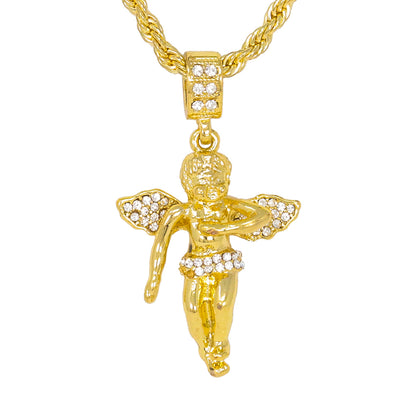 Iced Medium Angel Pendant with 4mm Rope Chain 24" - HC-1066*