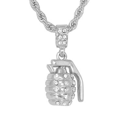 Iced Medium Grenade Pendant with 4mm Rope Chain 24" - HC-1072*