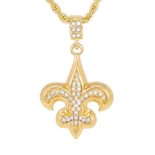 Iced Medium Fleur-De-Lis Pendant with 4mm Rope Chain 24" - HC-1074